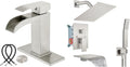 Midanya Brushed Nickel Single Handle Slotted Waterfall Vanity Bathroom Sink Faucets with 8 Inch Brushed Nickel Rain Shower System Tub Shower Faucet Set Square Waterfall Tub Spout