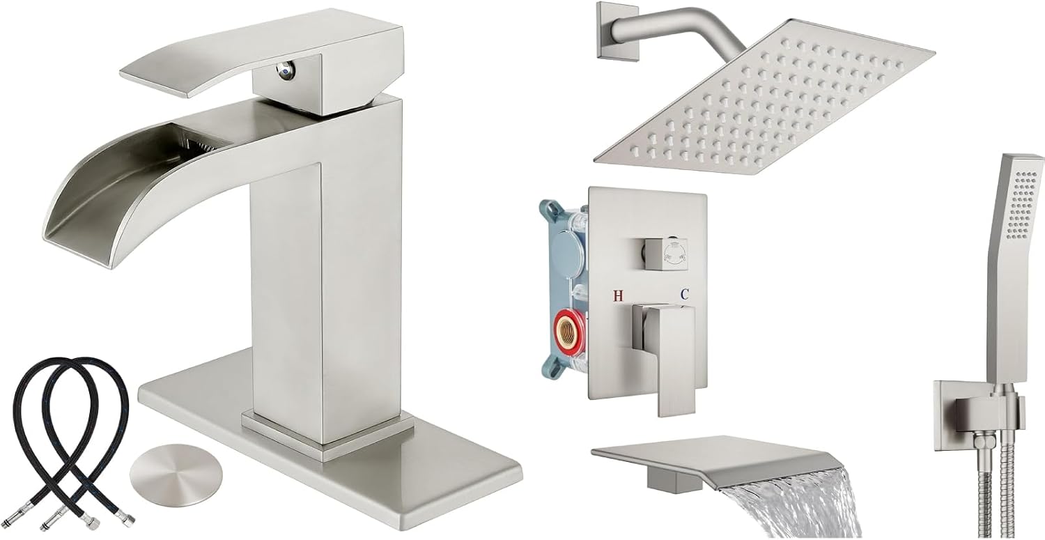 Midanya Brushed Nickel Single Handle Slotted Waterfall Vanity Bathroom Sink Faucets with 8 Inch Brushed Nickel Rain Shower System Tub Shower Faucet Set Square Waterfall Tub Spout