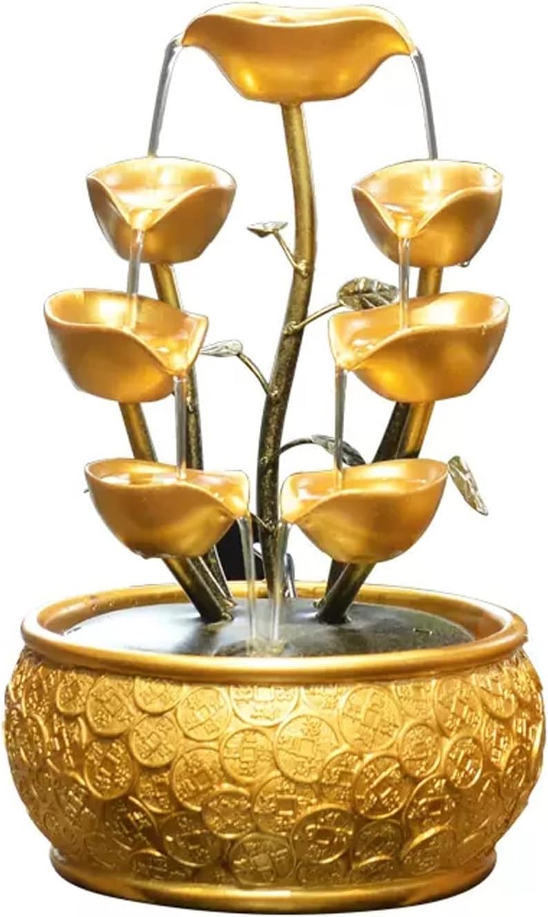 Desktop Fountain Tabletop Fountain Creative Gold Leaf Flowing Water with Chinese Coin Pattern Decorative Base and Pump Desk Home Office Decor (Golden)(Small)
