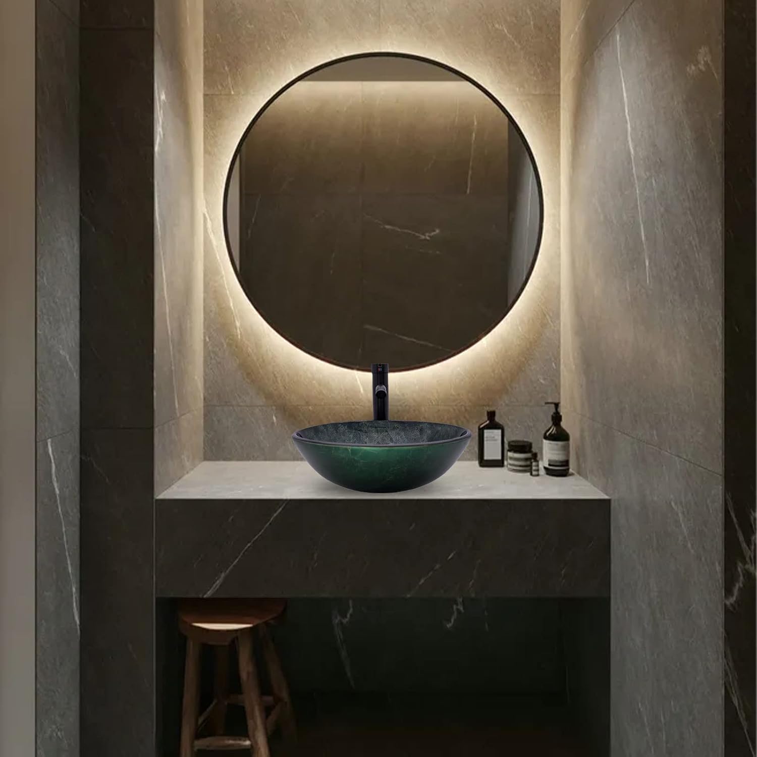 Vessel Sink 16.5' Bathroom Sinks Tempered Glass Green Art Basin Round Bowl with Faucet Combo Green,Countertop Bowl Sink for Lavatory Vanity Cabinet