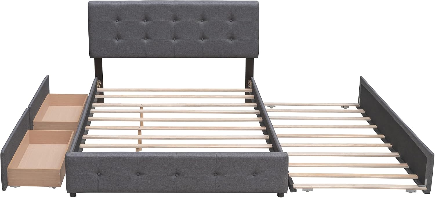 Merax Queen Size Upholstered Bed with 2 Storage Drawers and Twin XL Trundle, Solid Wood Platform Bed No Box Spring Needed, Dark Grey