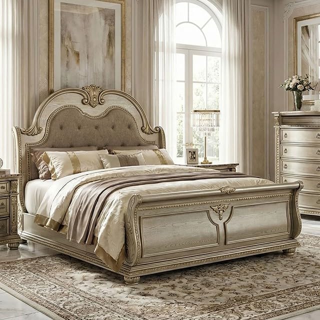 MASARA 3-Piece Traditional Queen Bedroom Set, Gold Champagne, 100% Polyester Fabric with Marble, Sleigh Bed with Diamond Button Tufting