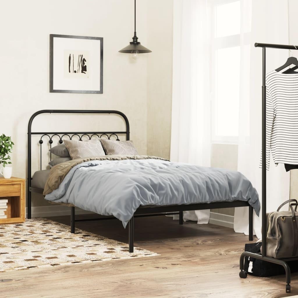 Twin Bed Frame Black Steel Rectangular Traditional Sturdy Metal Bed Frame with Elegant Headboard for Bedroom and Guest Room Single Sleeper