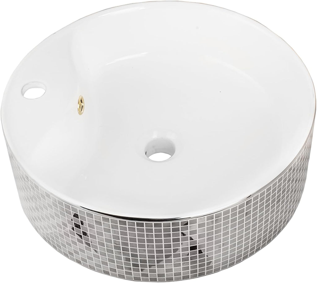 Strictly Sinks 18 Inch Round Silver Vessel Sink - Modern Ceramic Countertop Bathroom Sink with Faucet Mount and Overflow – Easy to Install Above Counter Luxurious Bathroom Vessel Sink