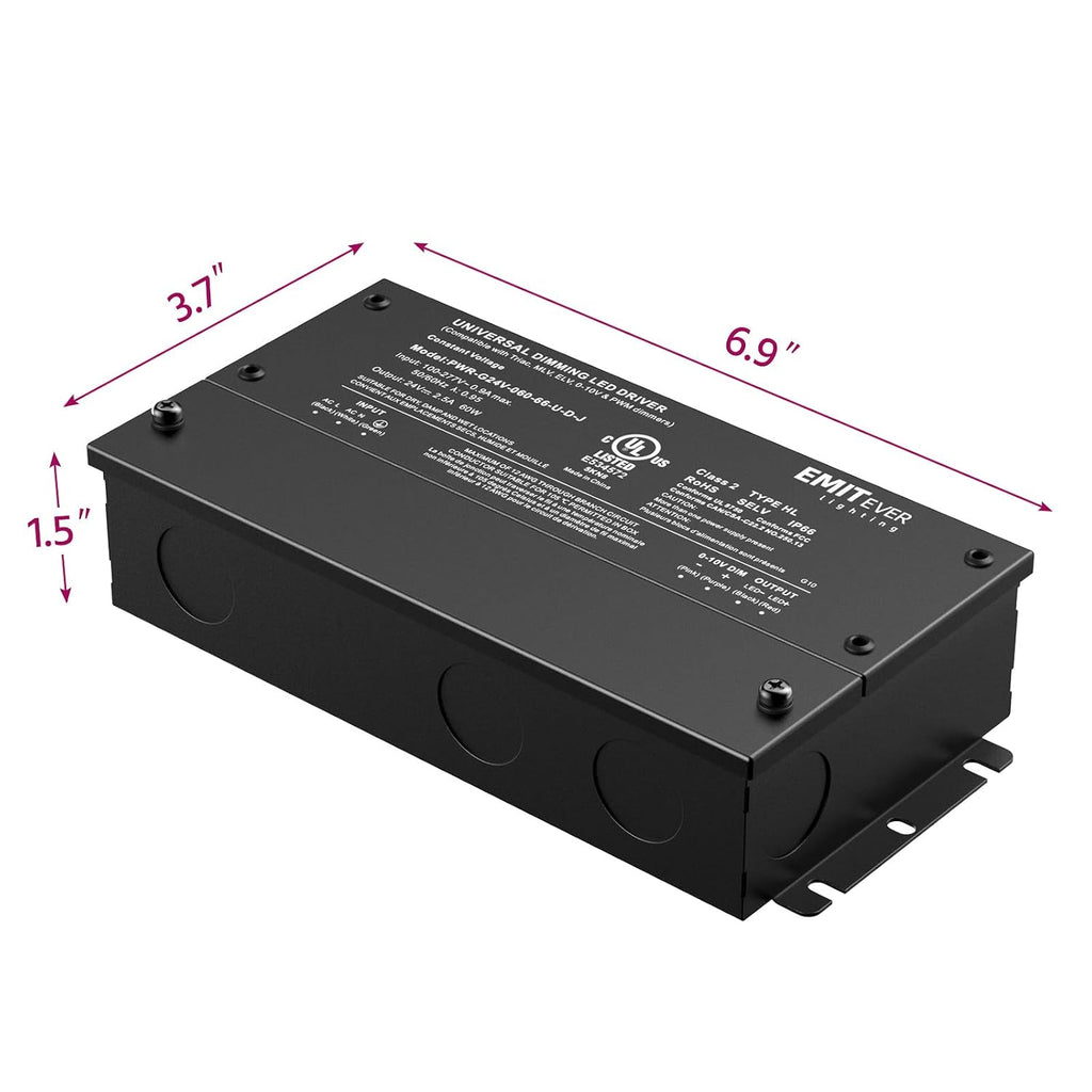 EMITEVER Dimmable Led Driver, 2 Packs 60W AC 110V-277V to DC 24V Transformer, 5-in-1 Dimming: ELV/MLV/TRIAC / 0-10V / 1-10V / 10V PWM/Potentiometer, Waterproof IP67 and UL Listed,Class 2