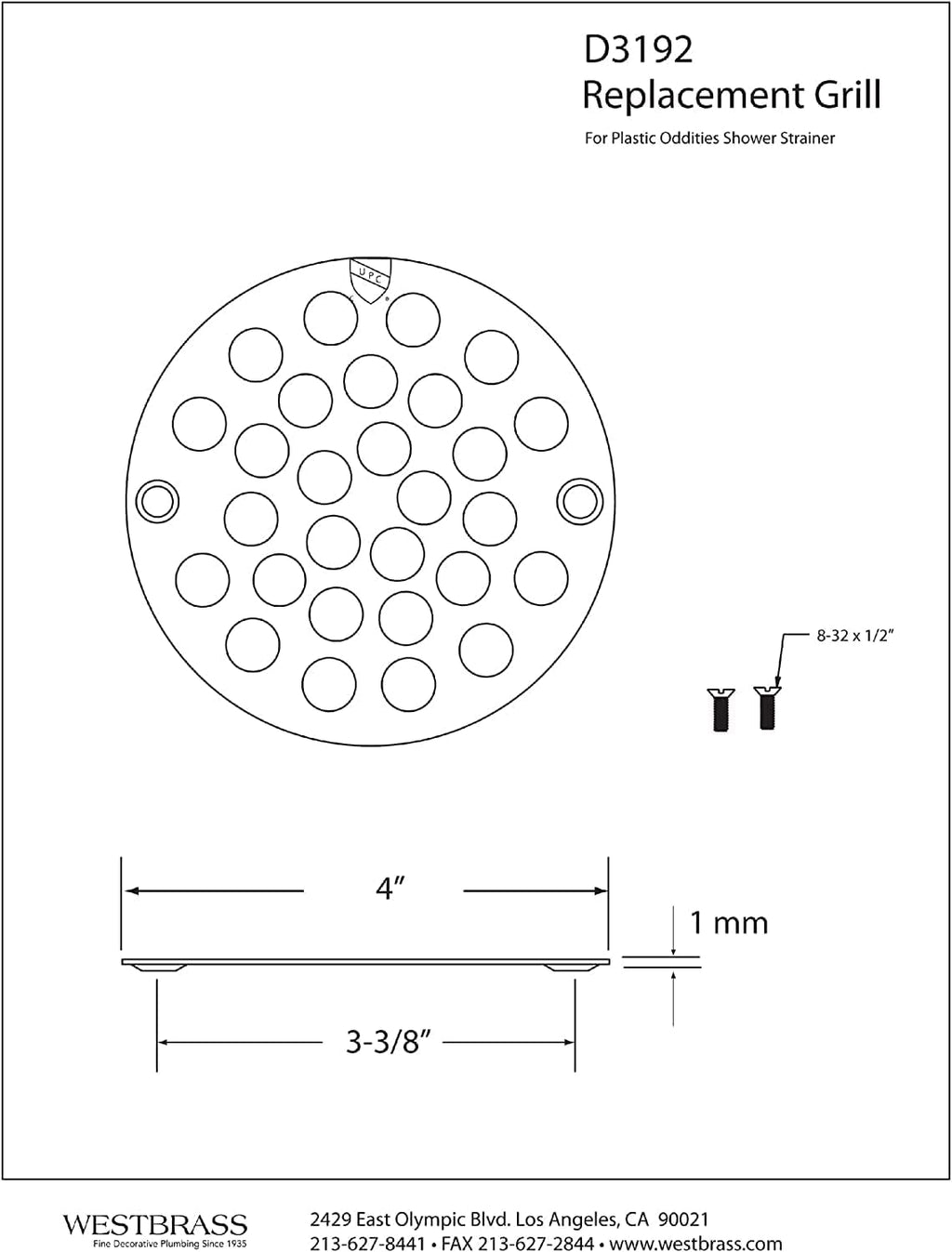 Westbrass D3193-25-12 4-1/4' OD Brass Shower Strainer Grid Drain Cover, 25-Pack, Oil Rubbed Bronze