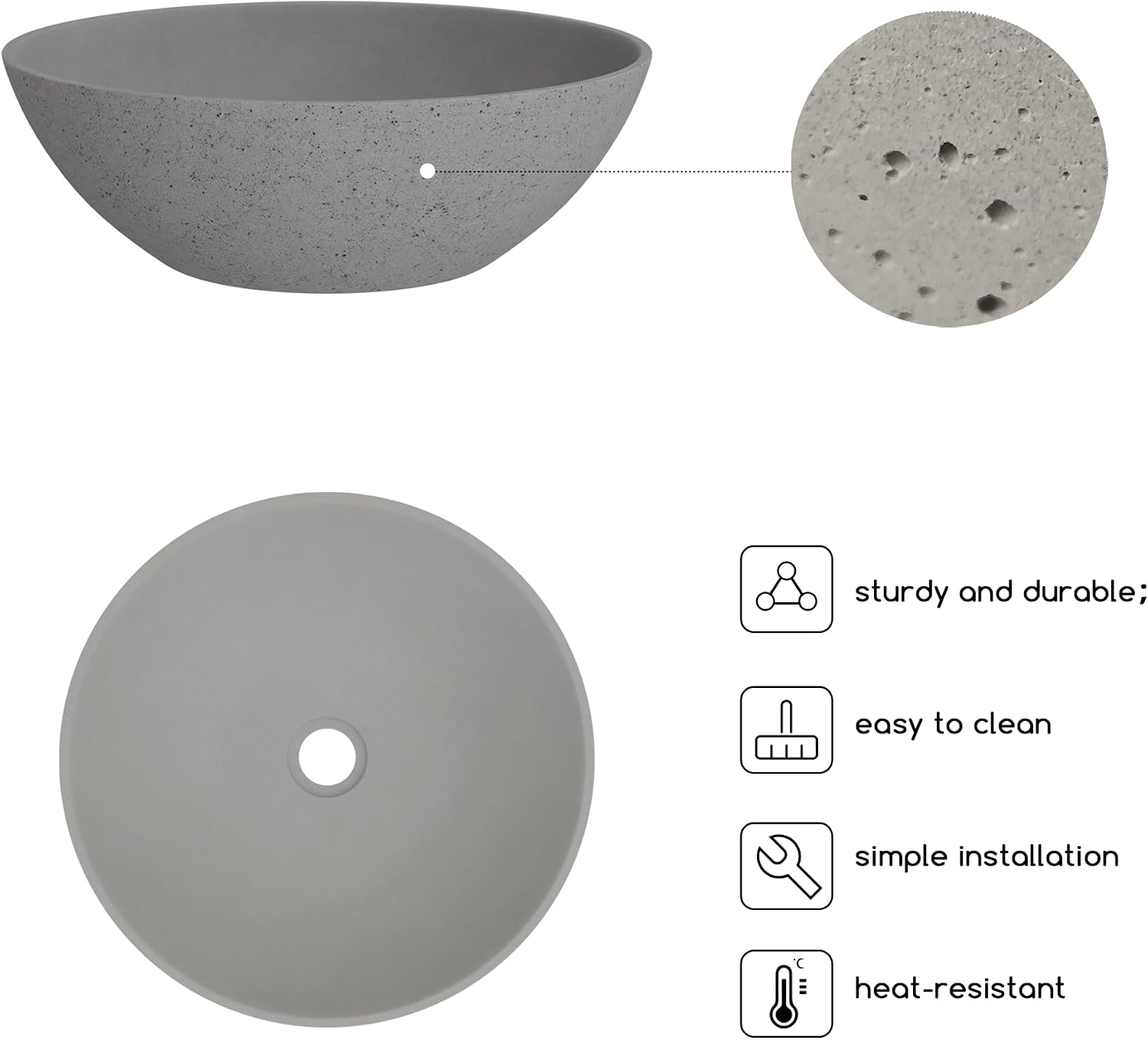 Design Vessel Sink Concrete Bathroom Sink above Counter Small Vessel Sink Bathroom Sink Bowl Countertop Modern Sinks with Faucet and Drain Combo 15.7' Round Gray