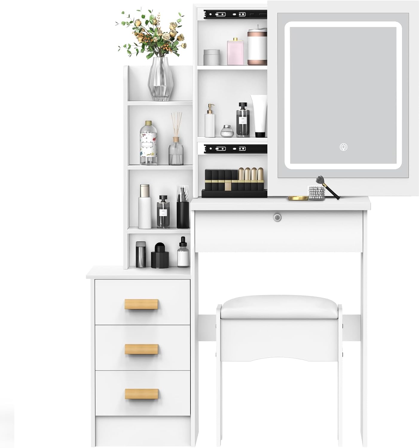 Vanity Desk with Mirror and Lights,Makeup Vanity Desk with Lights 3 Colors,Vanity with 4 Drawers,6 Shelves,Vanity Table Set with Bench for Bedroom,Dressing Table and Chair Set for Women Girls (White)