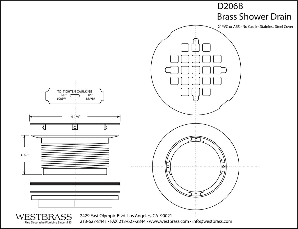Westbrass D206B-20-62 2' No-Caulk Brass Compression Shower Drain with 4-1/4' Round Grid Cover, 20-Pack, Matte Black, 20 Count