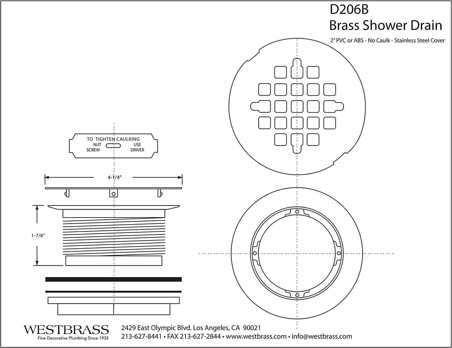 Westbrass D206B-20-62 2' No-Caulk Brass Compression Shower Drain with 4-1/4' Round Grid Cover, 20-Pack, Matte Black, 20 Count