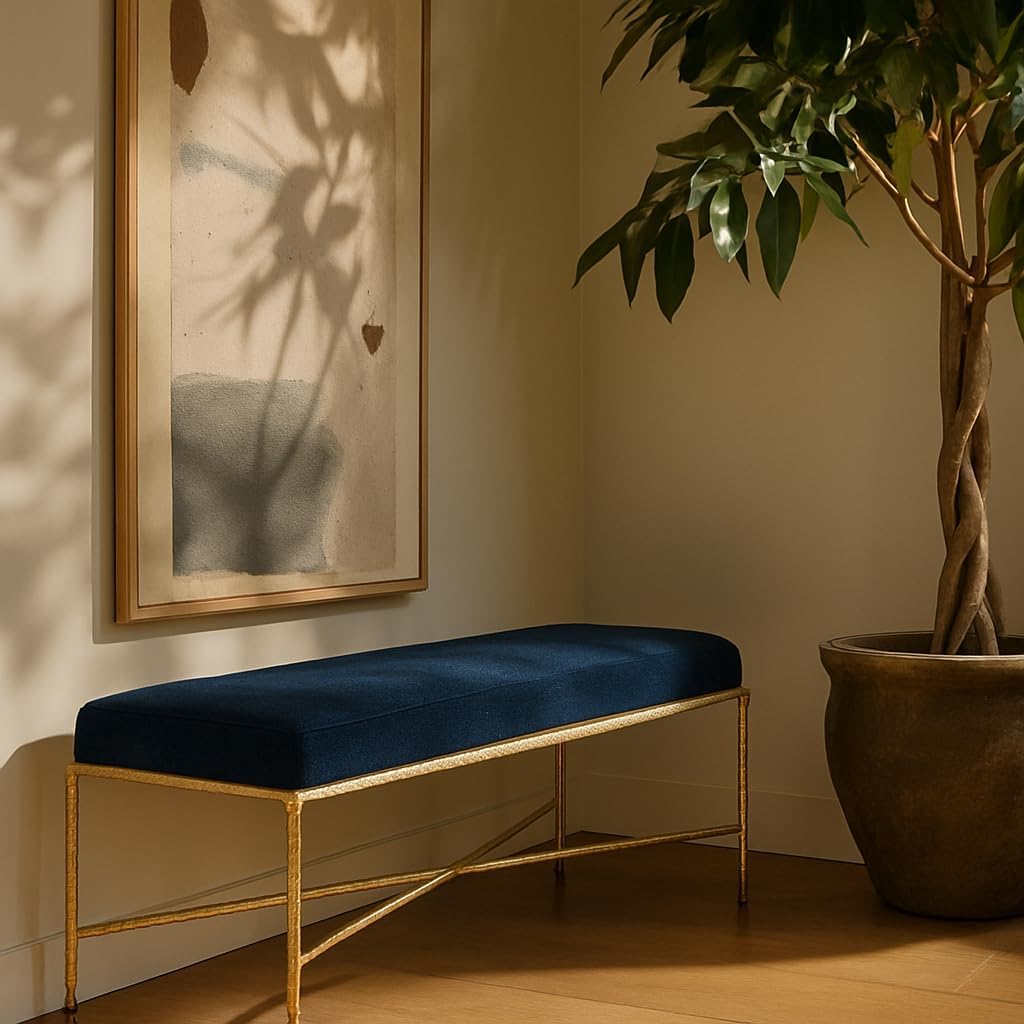 Meridian Furniture 22064Navy Valley Collection Modern | Contemporary Bench with Soft Navy Chenille Fabric, Brushed Brass Forged Iron Metal Legs and Frame, 54' W x 18' D x 18' H, Navy
