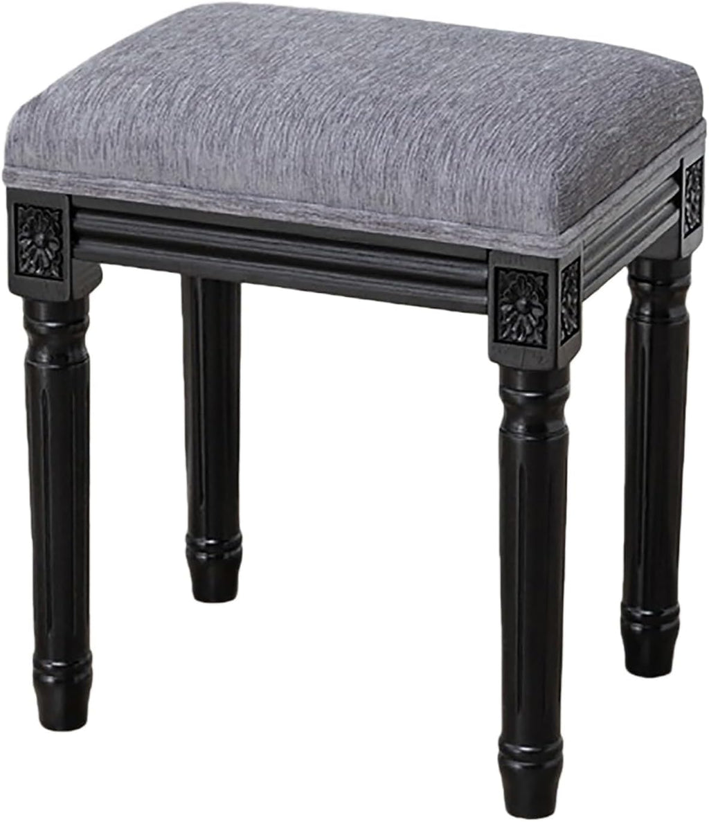 Upholstered Vanity Stool with Carved Dressing Makeup Bench with Solid Wood Legs Multi-Functional and Comfy Retro Bench Piano Seat for Bedroom, Bathroom, Vanity Table,Dark Gray