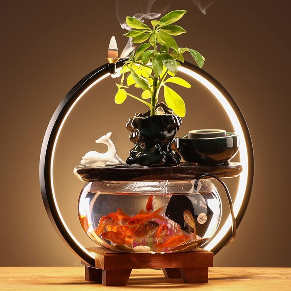 Tabletop Fountain Waterfall Fountain with Lamp Circle and Fish Tank Office Home Decoration Tabletop Flowing Water Decoration