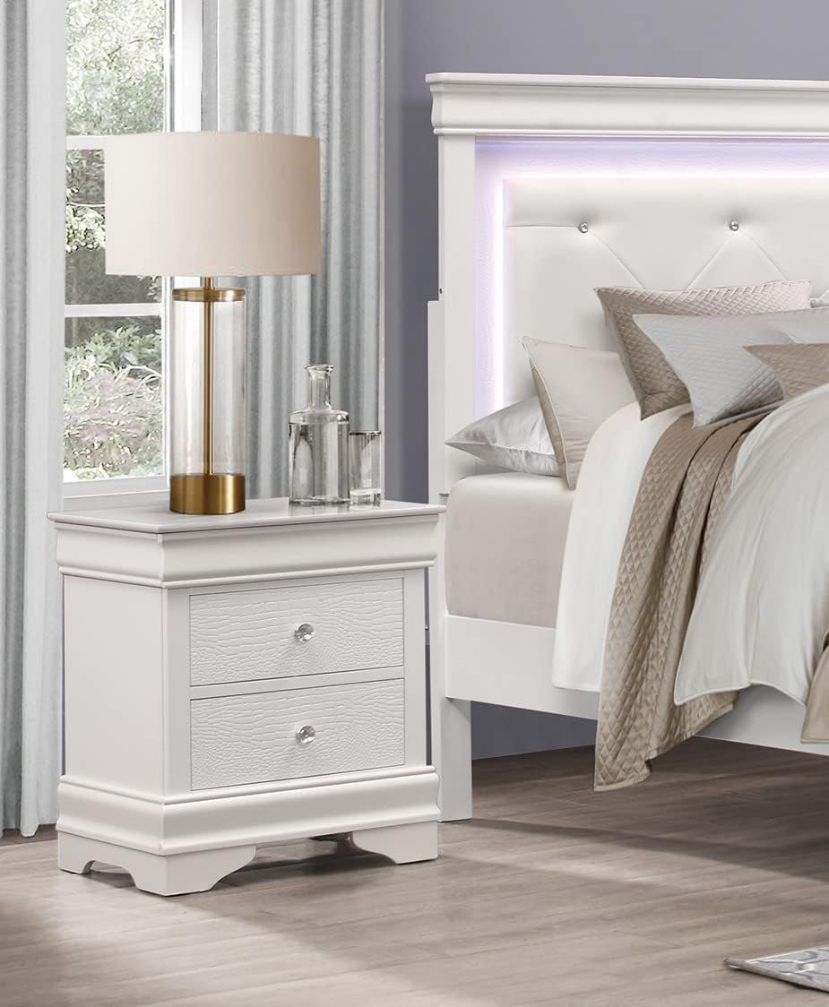 Glam 4 Pieces Set Bedroom Furniture Queen Size Tufted LED Light Bed White Finish Alligator Texture Fronts Wooden Traditional Design