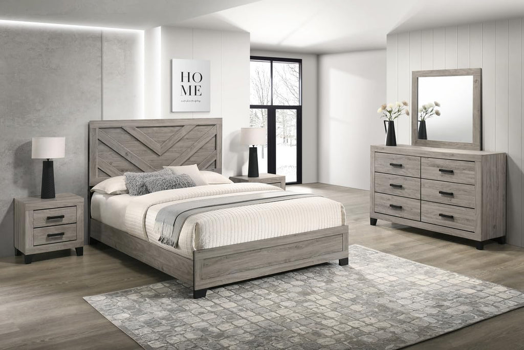 Furniture Rustic Charm Bedroom Set with Chevron Panel Headboard