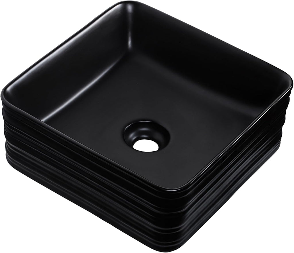 Strictly Sinks 16 Inch Square Black Vessel Sink - Modern Ceramic Countertop Bathroom Sink – Easy to Install Above Counter Luxurious Bathroom Vessel Sink (15-3/4″ W x 15-3/4″ L x 5-5/8″ H)