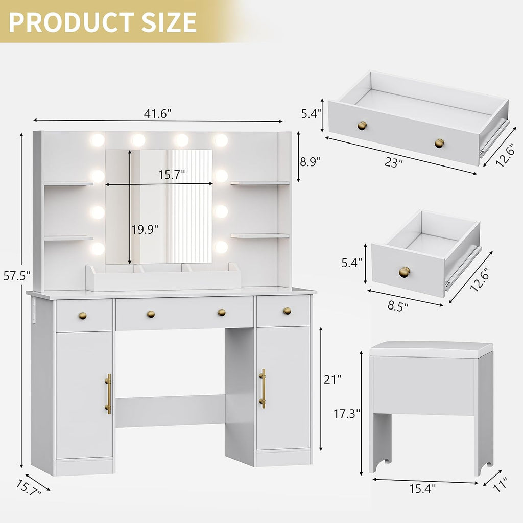 Xixini Vanity Desk with Mirror and Lights, 43'' White Makeup Dressing Table Set with 5 Drawers & Chair, Power Outlet, 3 Lighting Modes Adjustable Brightness & RGB LED for Women Girls Bedroom Bathroom