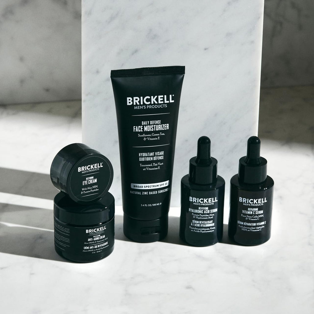 Brickell Men's Complete Defense Anti Aging Routine, Night Face Cream, Day & Night Serum, Facial Moisturizer w/SPF & Eye Cream, With Hyaluronic Acid, Peptides, and Vitamin C, Scented