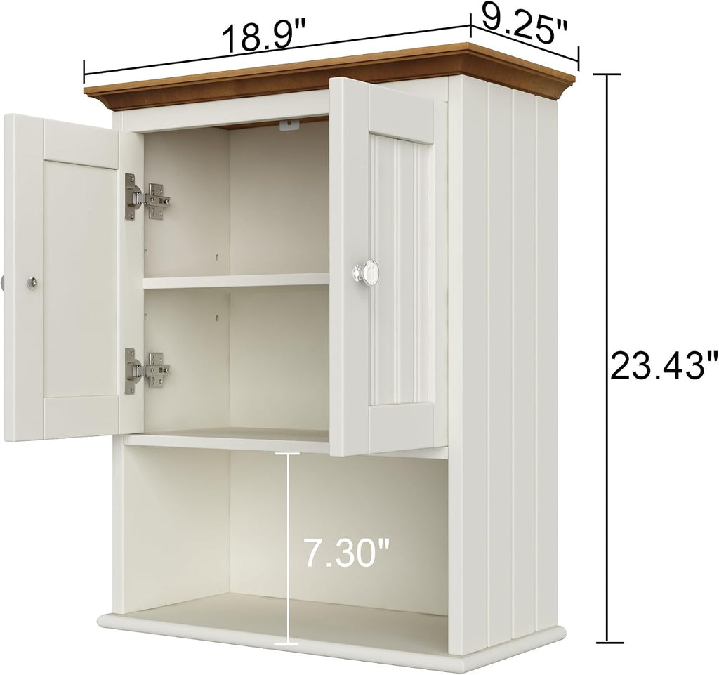 Treocho Wood Wall Cabinet, Bathroom Medicine Cabinet Storage with Doors and Adjustable Shelf, Rustic Cabinet Wall Mounted for Bathroom, Living Room, Kitchen, White & Brown
