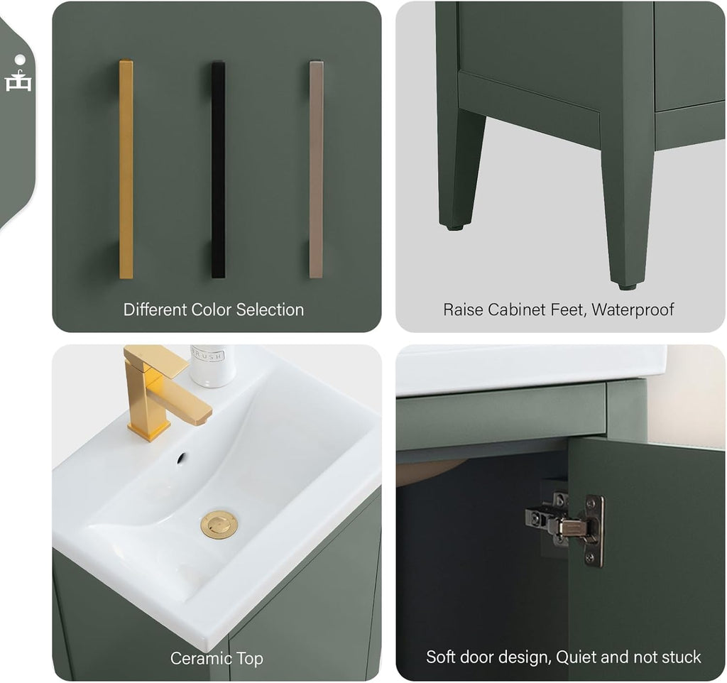 Vanity Art 20 inch Bathroom Vanity with Single Sink & Ceramic Top, Vanity Cabinet with Soft-Closing Doors, Solid Wood Frame, Vintage Green, VA9020-VG-BN1