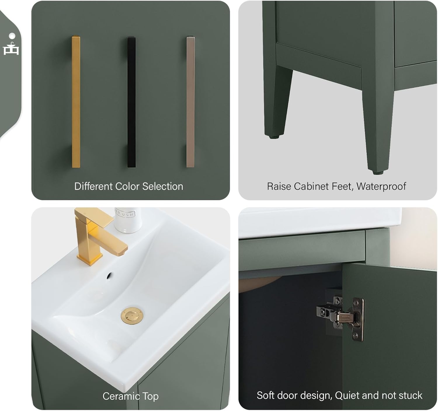 Vanity Art 20 inch Bathroom Vanity with Single Sink & Ceramic Top, Vanity Cabinet with Soft-Closing Doors, Solid Wood Frame, Vintage Green, VA9020-VG-BN1