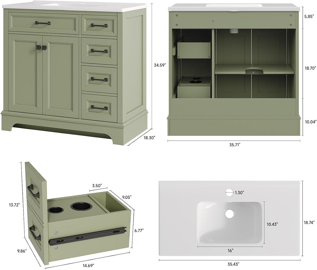 ONBRILL 36' Luxurious Bathroom Vanity with Ceramic Sink, Modern Freestanding Bathroom Single Sink Vanities Cabinet with 2 Soft Closing Doors & 2 Drawers, Adjustable Shelf & Paint Surface (Green)