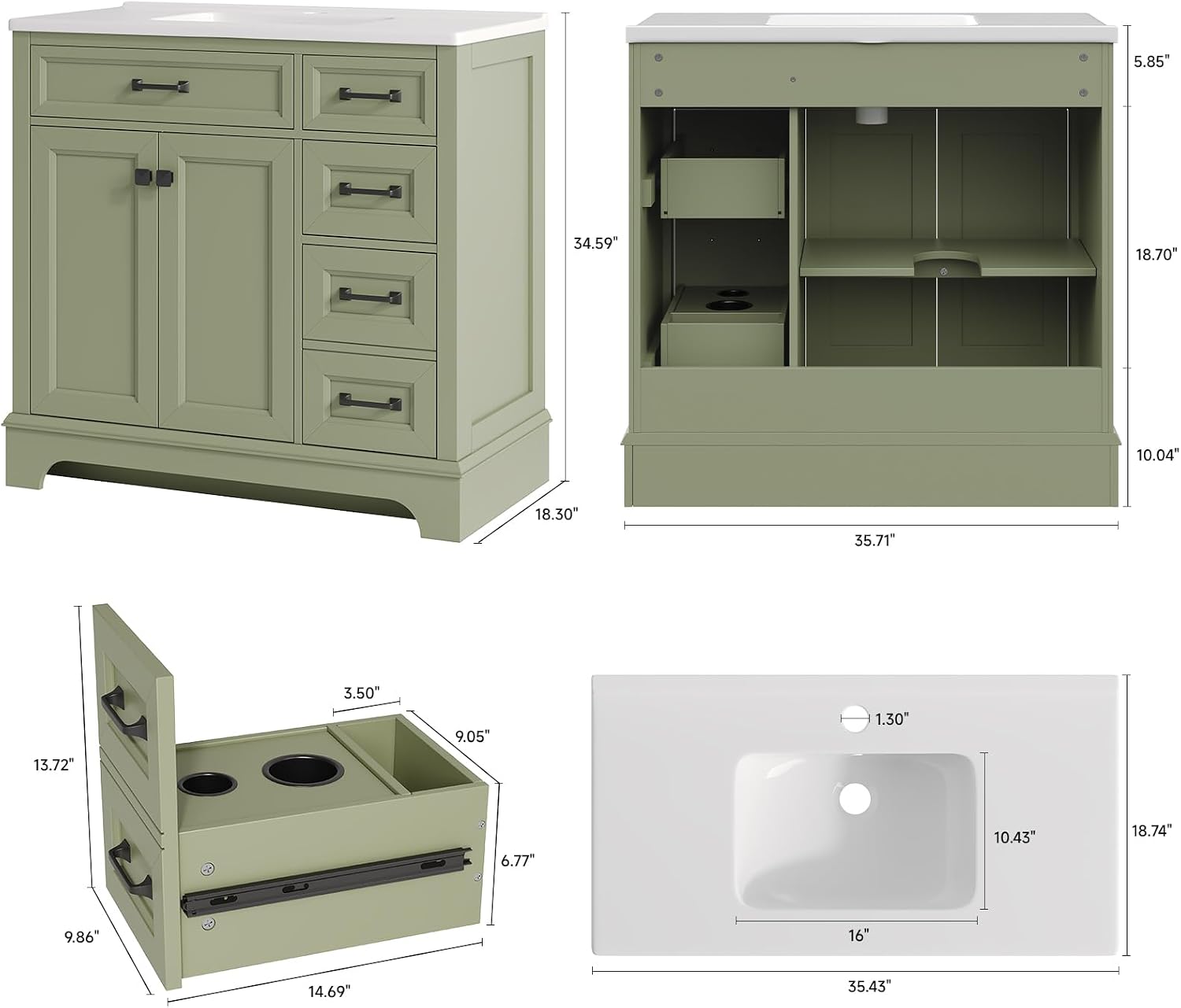 ONBRILL 36' Luxurious Bathroom Vanity with Ceramic Sink, Modern Freestanding Bathroom Single Sink Vanities Cabinet with 2 Soft Closing Doors & 2 Drawers, Adjustable Shelf & Paint Surface (Green)