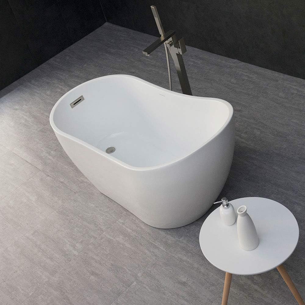 WOODBRIDGE 54' Acrylic Freestanding Bathtub Contemporary Soaking White Tub with Brushed Nickel Overflow and Drain，BTA1507-B