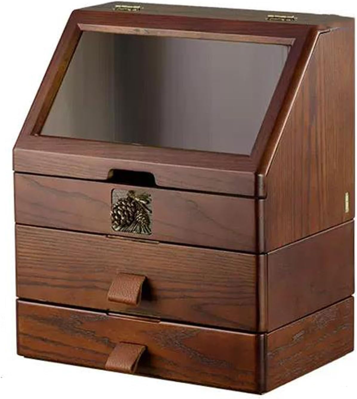 Makeup Storage Box Large Capacity Wood Makeup Organizer Box with Flip Lid and Drawers, Bathroom Organizer Countertop, Vanity Tray Corner Shelf for Makeup Cosmetic Perfume Skincare Bathroom Supplies Va