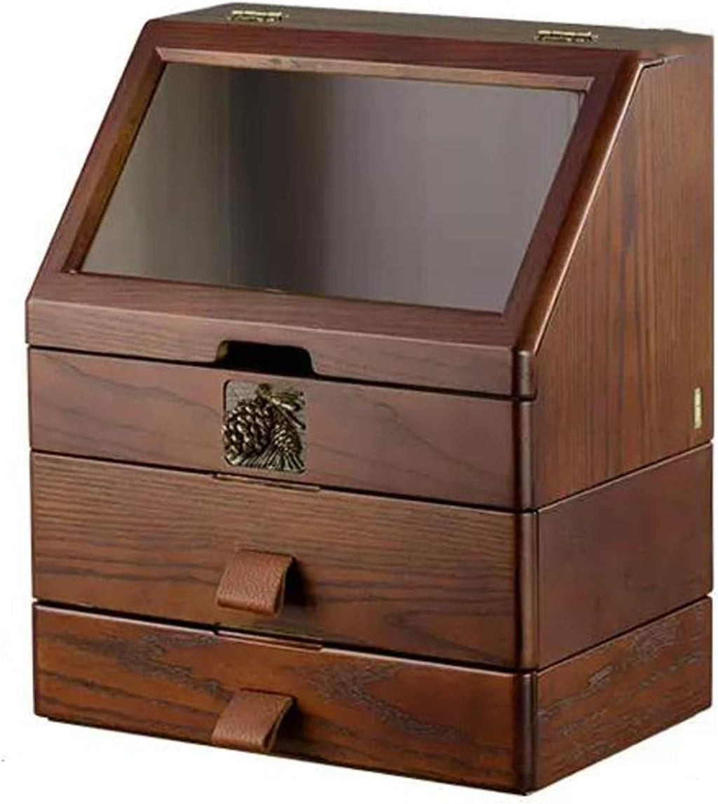 Makeup Organizer Box Large Capacity Wood Makeup Organizer Box with Flip Lid and Drawers, Bathroom Organizer Countertop, Vanity Tray Corner Shelf for Makeup Cosmetic Perfume Skincare Bathroom Supplies