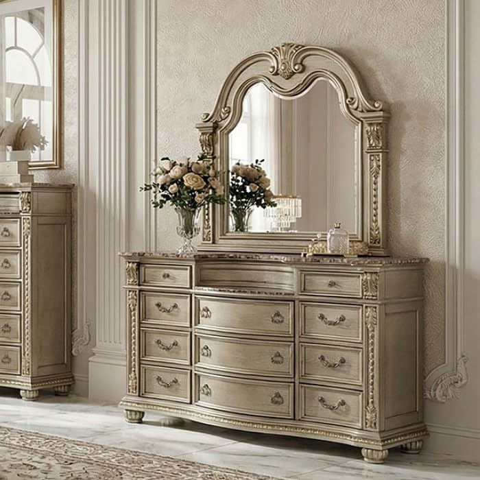 MASARA 3-Piece Traditional Queen Bedroom Set, Gold Champagne, 100% Polyester Fabric with Marble, Sleigh Bed with Diamond Button Tufting