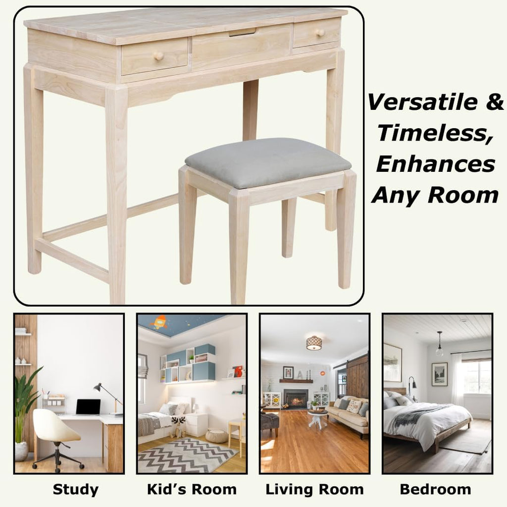 Solid Wood Vanity Table With Bench, Unfinished