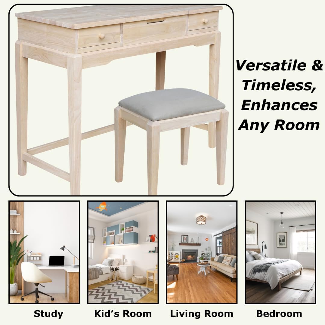 Solid Wood Vanity Table With Bench, Unfinished