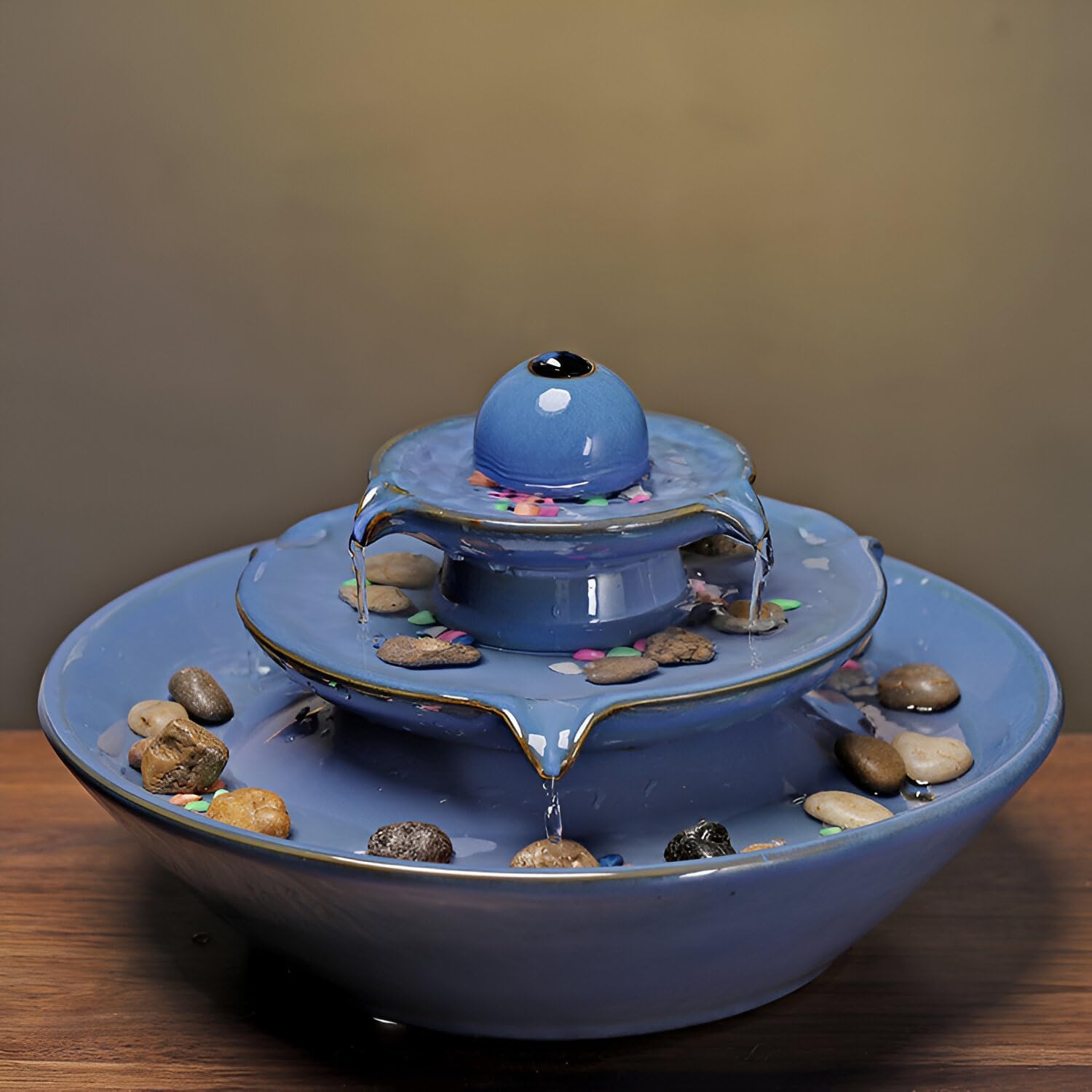11.8' Indoor Tabletop Fountain, Ceramic Multi-Tier Waterfall with Crystal Ball & Fish Tank Feature, Free 10pcs Natural Crystals, Zen Home/Office/Entryway Decor, Housewarming Gift(Blue)