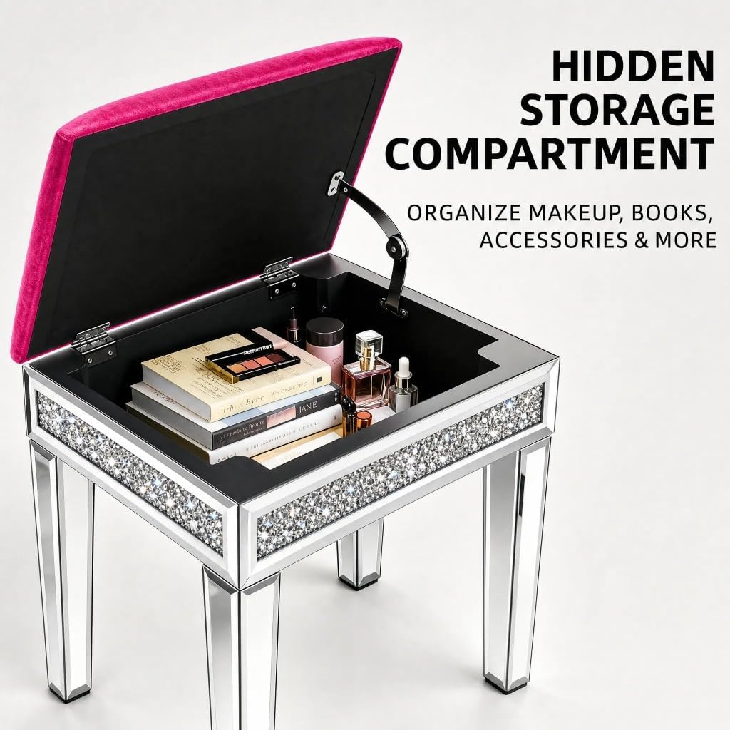 Vanity Stool with Storage Mirrored Legs, Velvet Cushioned Ottoman, Hidden Compartment, Sparkling Diamond Trim, Glam Makeup Chair & Piano Bench (Hot Pink)