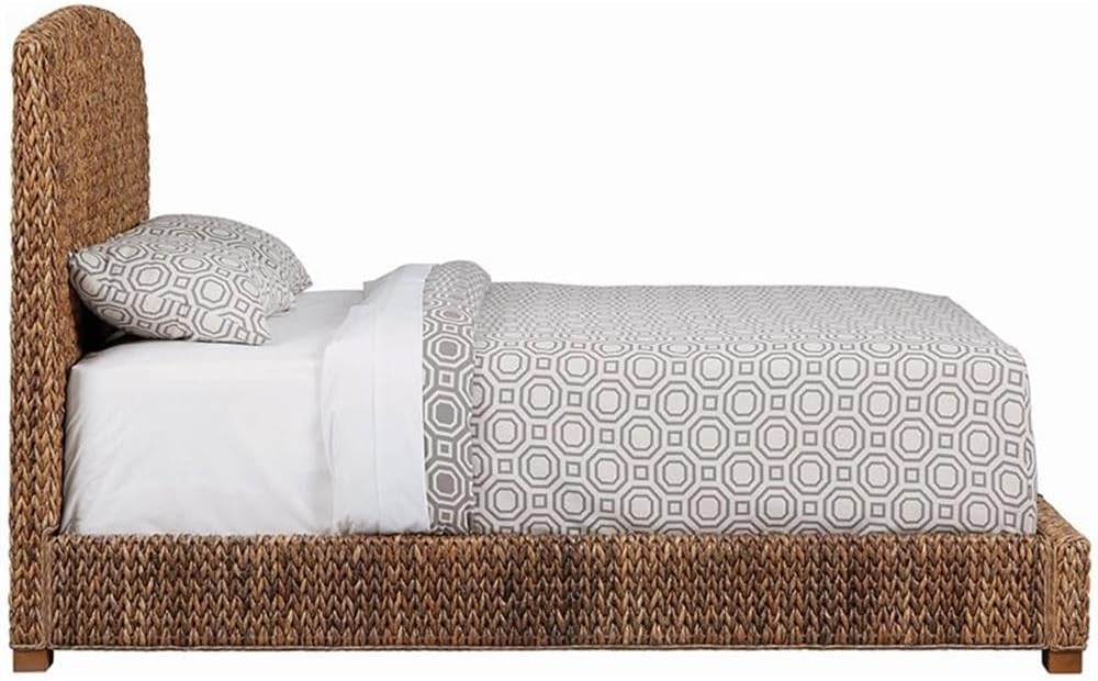 BOWERY HILL Farmhouse Wood Queen Panel Bed, Amber Brown and Honey Finish, Banana Leaf Upholstered Mahogany Frame, Solid Mahogany Legs, Tropical Style Bedroom Furniture, 55 in H x 67 in W x 88.25 in D