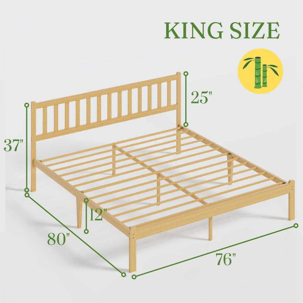 12 in High Solid Bamboo Wood King Size Bed Frame with Headboard, Platform Bed Frame King, Heavy Duty, No Box Spring Needed, Nosie Free