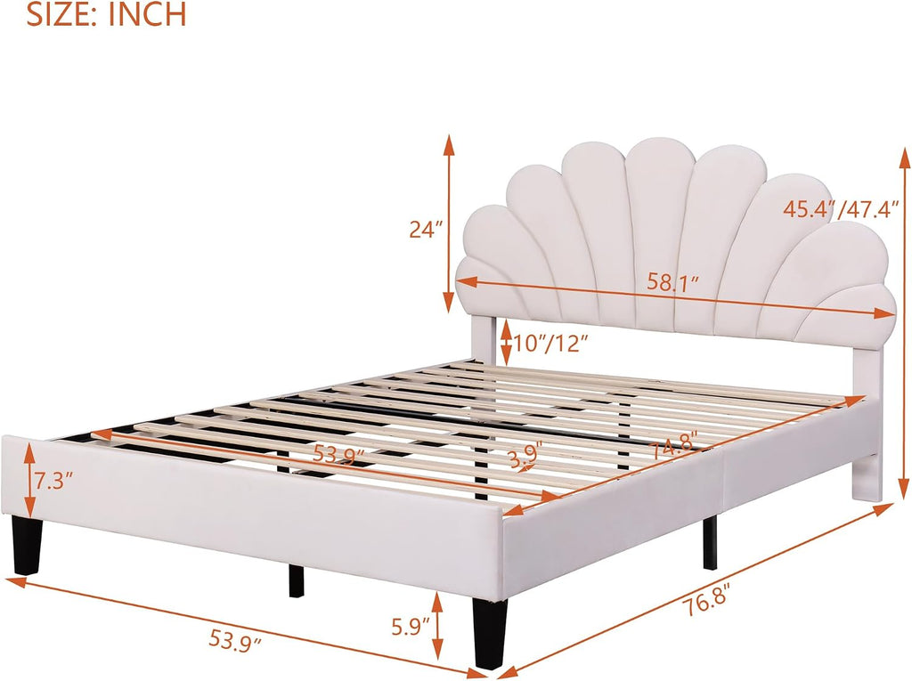 Harper & Bright Designs Full Size Upholstered Platform Bed Frame with Flower Pattern Velvet Headboard for Boys Girls Kids Adults, Beige