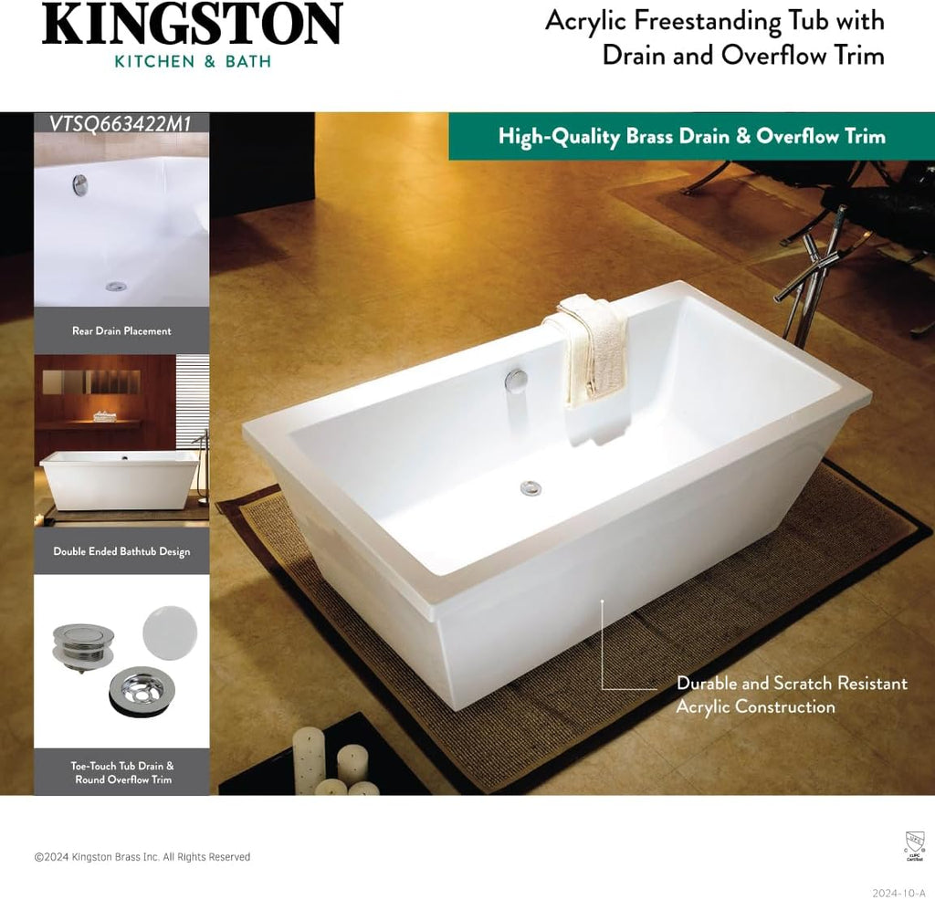 Kingston Brass VTSQ663422M5 66' Acrylic Rectangular Double Ended Freestanding Tub with Overflow/Drain Assembly, Glossy White/Oil Rubbed Bronze