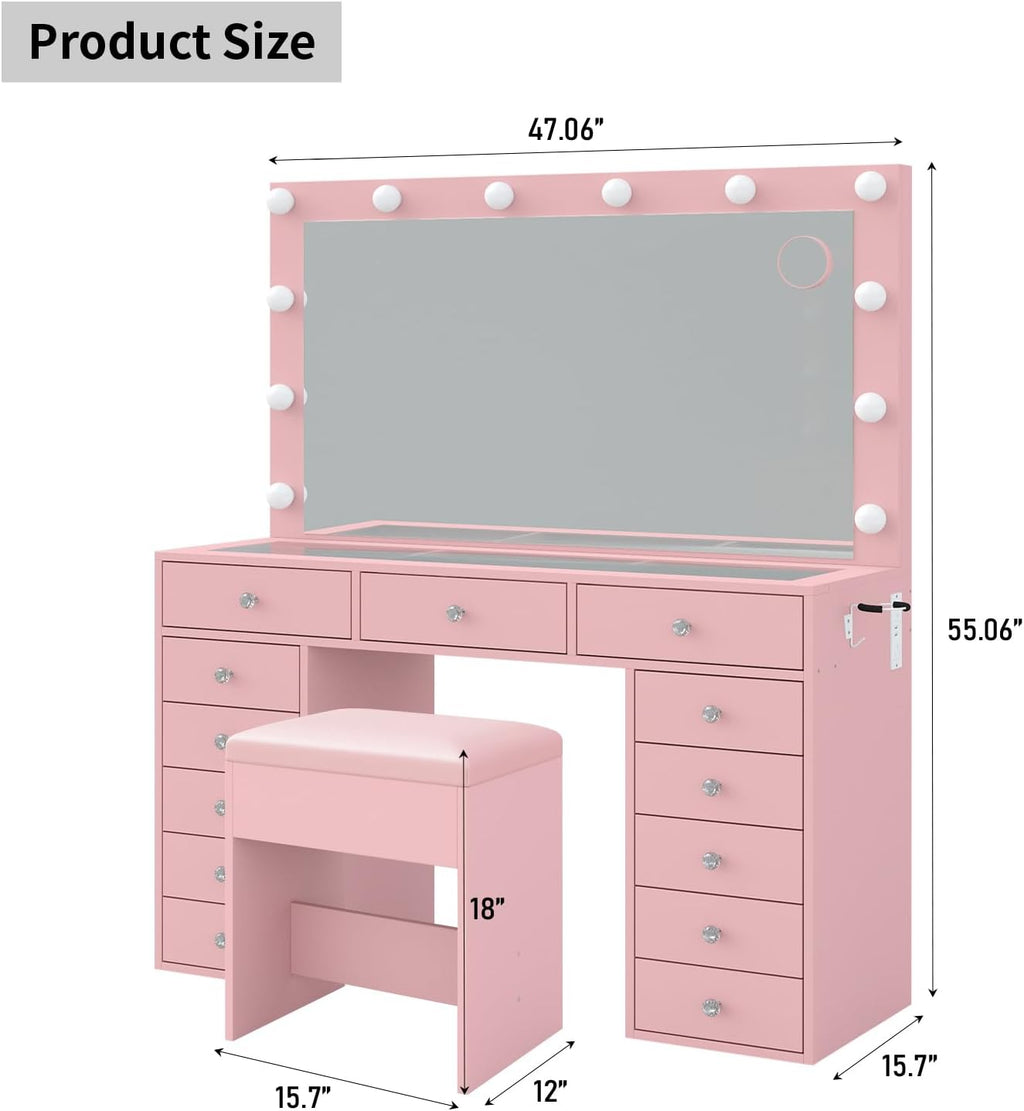 FUSOU 13 Drawers Vanity Desk, 47''W Makeup Vanity with Power Outlet, Vanity Table with Mirror and 12 LED Bulbs, 3 Color Lighting Modes, Glass Top, Dressing Table for Bedroom (Pink)