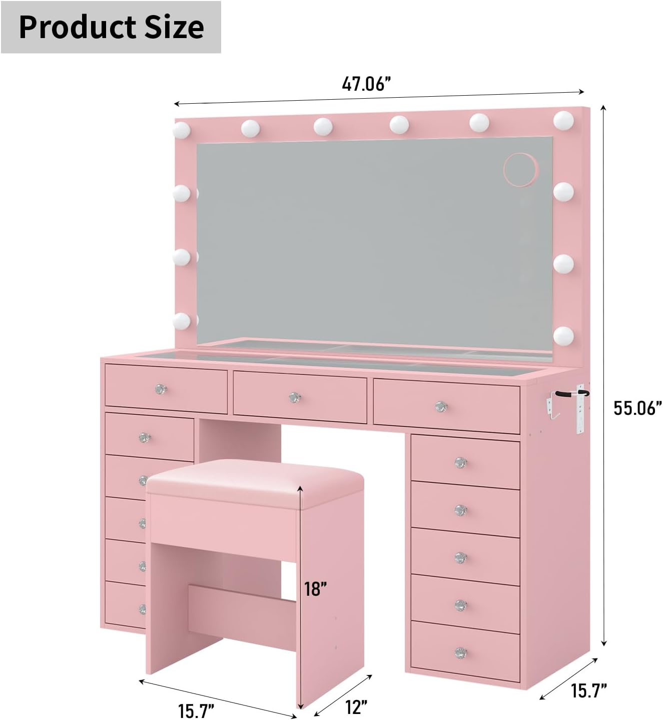FUSOU 13 Drawers Vanity Desk, 47''W Makeup Vanity with Power Outlet, Vanity Table with Mirror and 12 LED Bulbs, 3 Color Lighting Modes, Glass Top, Dressing Table for Bedroom (Pink)