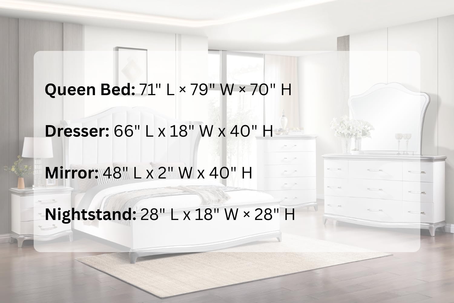 First of a Kind Nina White Silver Traditional 4 Piece Queen Bedroom Set with Upholstered Tufted Headboard Elegant European Inspired Design Coordinated Furniture Collection