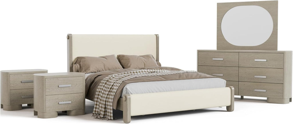 Furniture of America Nainsted Modern Wood 5-Piece Bedroom Set with Padded Headboard, USB Chargers on Nightstand, Metal Slide Glides, Rounded Edges, Box Spring Needed, Queen, White Oak