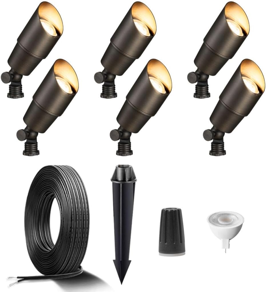 Gardenreet Brass Low Voltage Landscape Spotlights(6-Pack) Kit 12V LED with 100 Feet Wire and 30Pack Connectors for Outdoor Yard Garden Patio Without Transformer