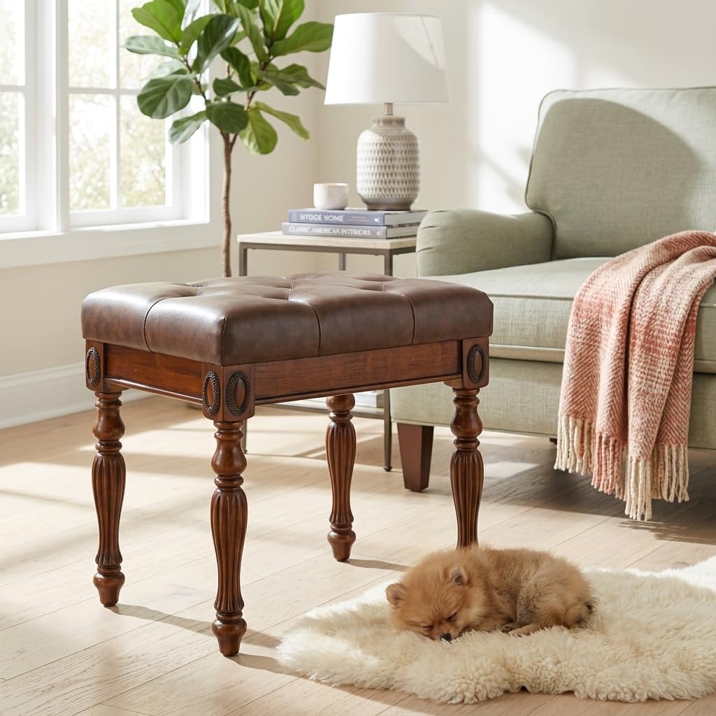 Solid Wood Vanity Bench Stool with Upholstered, Mid-Century Piano Bench with Carved Legs, Makeup Dressing Stools with Button Seat, No-Tools Assembly,18.5'L x 14.2'W x 19.1'H Brown FD-1533-BN