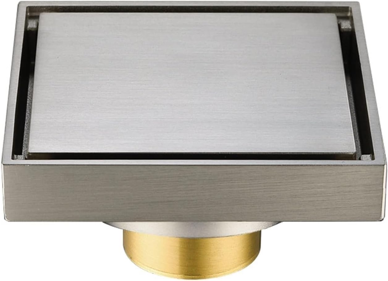 4 Inch Invisible Shower Floor Drain Brass Shower Drain with Tile Insert Grate Removable Cover Hair Catcher Strainer, Square Floor Drainer with Hair Strainer