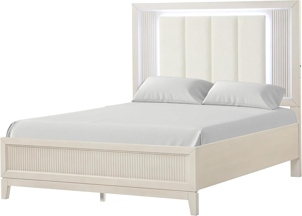Furniture of America Oberlin Modern Solid Wood 5-Piece Bedroom Set with LED on Padded Fabric Headboard, Vertical Channel Tufting, Chrome Finger Pulls, Box Spring Needed, King, Antique White