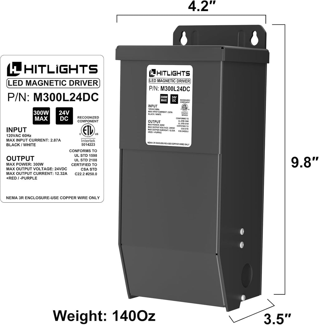 HitLights 300 Watt Dimmable Driver, Magnetic LED Driver - 110V AC-24V DC Transformer. Made in The USA. Compatible with Leviton for LED Strip Lights, Constant Voltage LED Products
