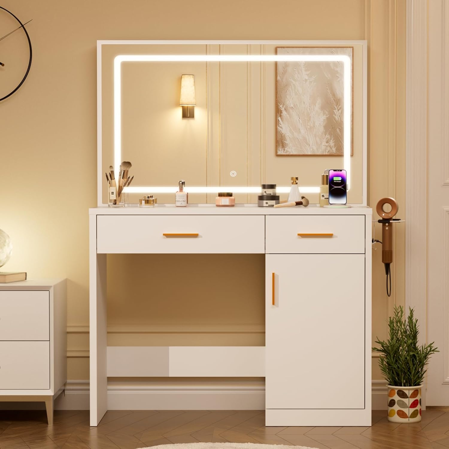 Sweetcrispy Vanity Desk with 35.4' LED Mirror and Lights, Makeup Vanity Table with Charging Station (2AC/USB/C), 2 Drawers & Large Cabinet, 3 Lighting Color Adjustable, Modern Dressing Table, White