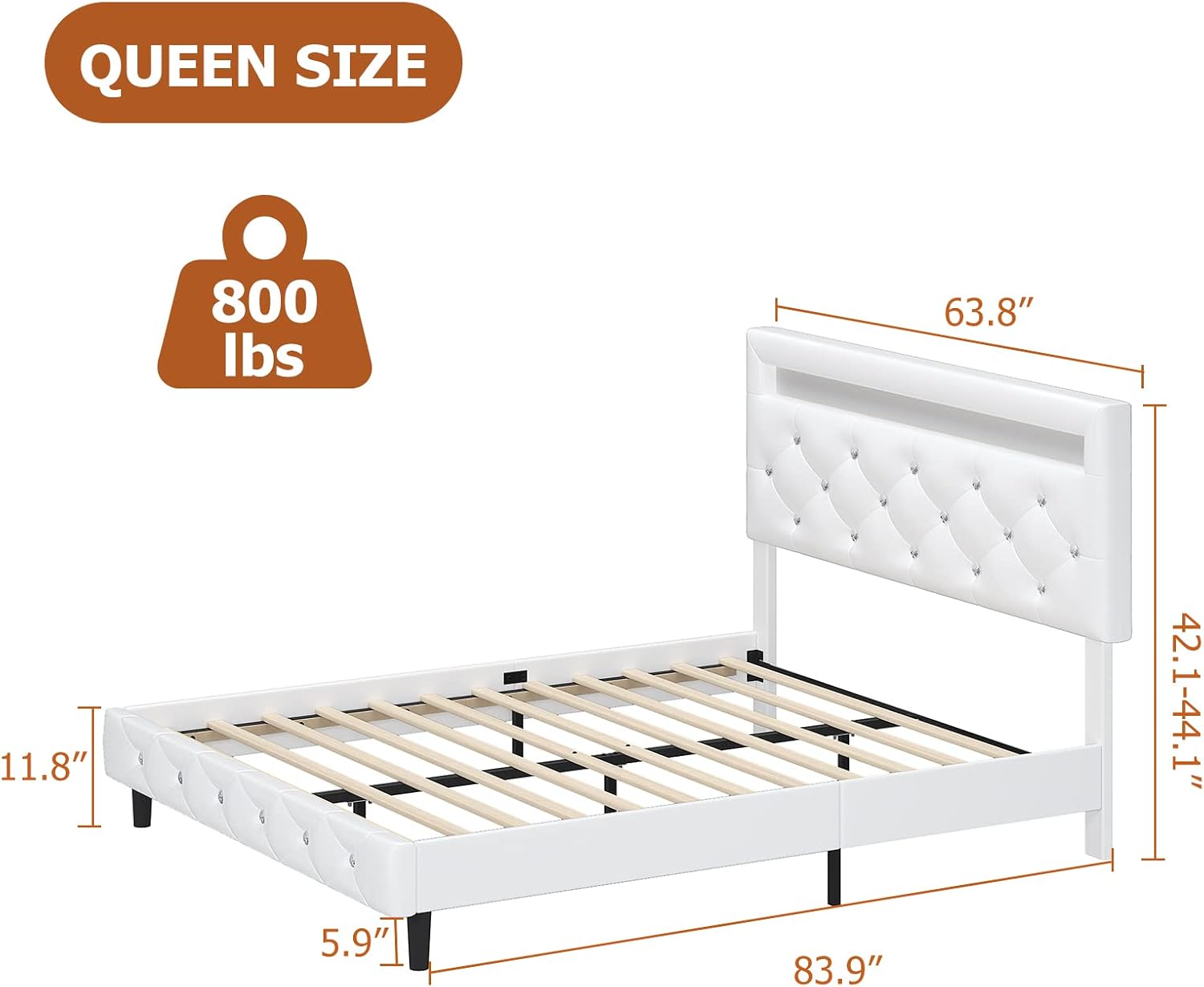 Keyluv Modern Upholstered Queen Bed Frame with LED Lights, Faux Leather Low Profile Platform Bed Frame, Adjustable Crystal Button Tufted Headboard, Strong Wood Slat Support, Easy Assembly, White